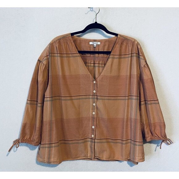Madewell Top Womens Medium Orange Plaid V Neck Button Up Puffy Sleeve Boho Boxy - Picture 2 of 10
